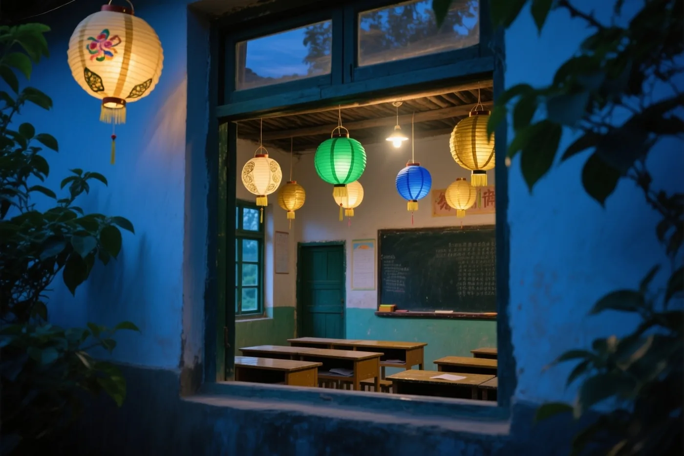 In een klaslokaal van een dorpsschool hangen zelfgemaakte papieren lantaarns aan het plafond bij schemerlicht, met vooral blauwe, groene en gele tinten.
