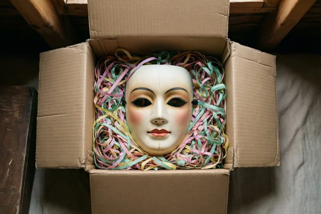Een papieren masker in oude stijl met geschilderde gelaatstrekken ligt in een kartonnen doos vol gekleurde papieren confetti op een zolder met houten balken.