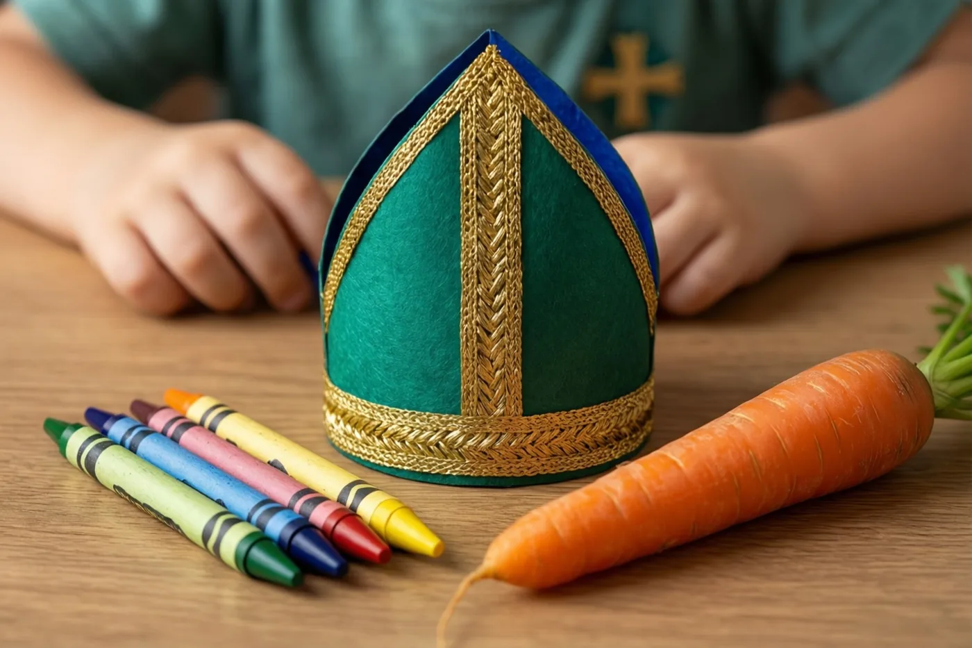 Een papieren kindermijter staat op een houten tafel naast een wortel en waskrijtjes, in groene, gouden en oranje tinten.