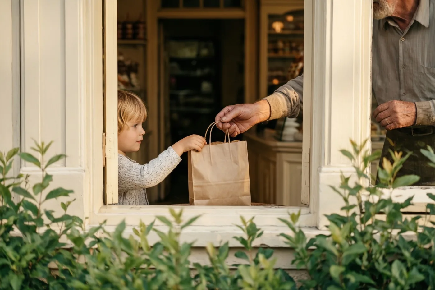 Een blond kind reikt door een raam naar een bruine papieren zak in de hand van een oudere man bij een warm verlichte ouderwetse winkel.
