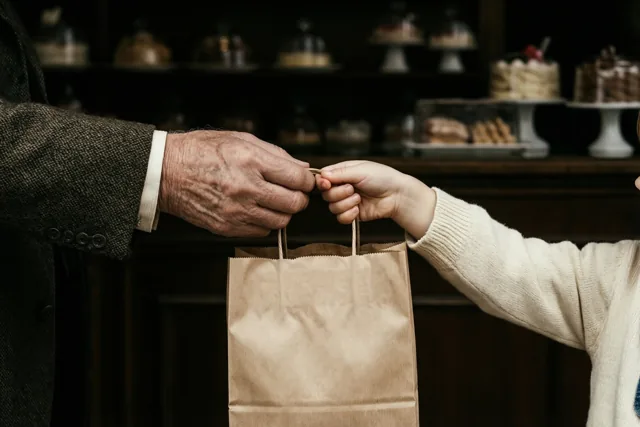 Een oudere mannenhand en een kinderhand houden elkaar en de hengsels van een bruine papieren zak vast in een ouderwetse snoepwinkel met gebak op de rekken.