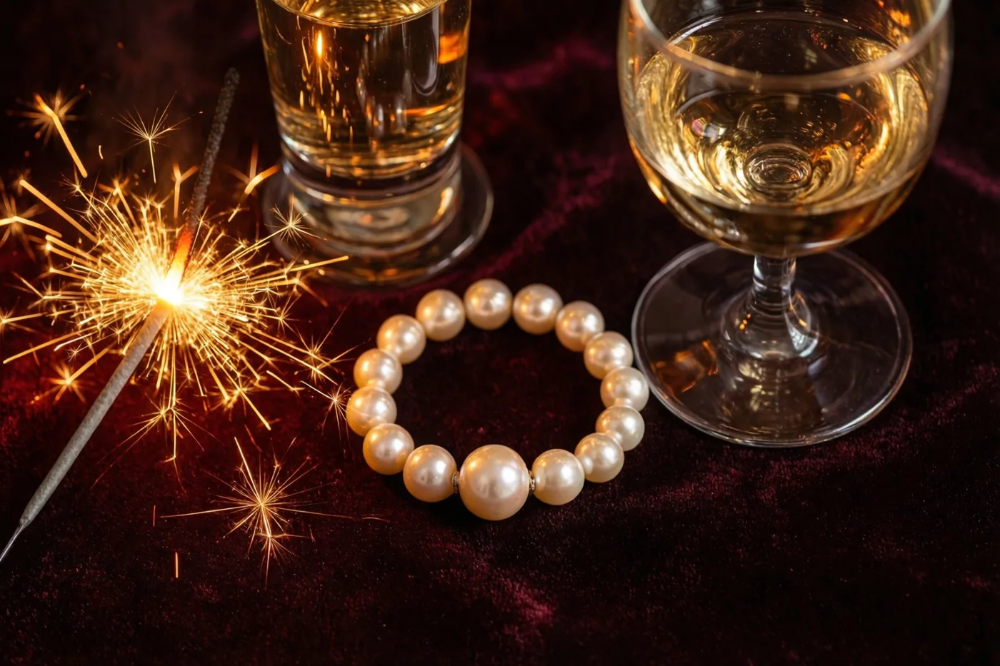 Een parelsnoer ligt op donker fluweel naast twee glazen champagne en een brandend sterretje, in warme rode en gouden tinten.