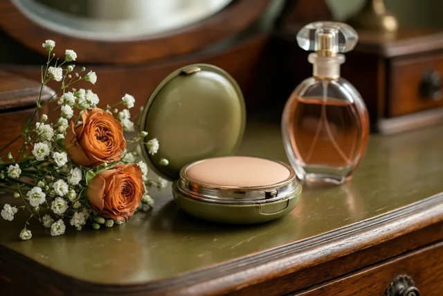 Op een ouderwetse kaptafel staan een groen poederdoosje, een glazen parfumflesje en een klein boeket oranje rozen met wit gipskruid.