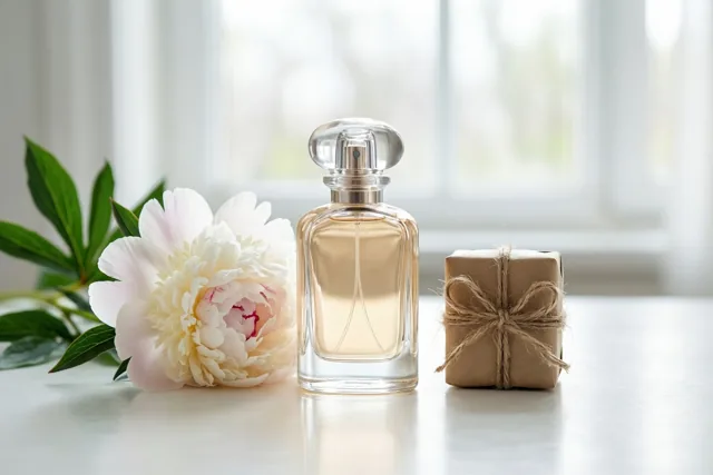 Een doorzichtig parfumflesje met zilveren dop staat op een witte ondergrond naast een geschenkje in bruin papier met touw en een grote witte pioenroos met groene bladeren, bij een raam.