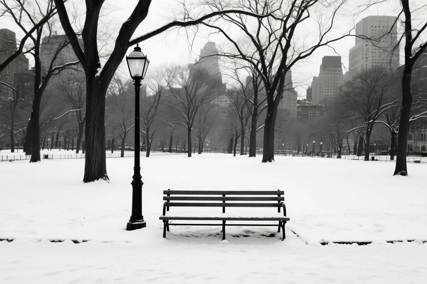 Een besneeuwde parkbank staat naast een lantaarnpaal onder kale bomen in een stadspark, weergegeven in één kleurtoon.