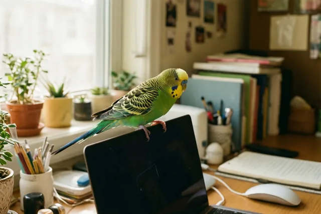 Een groen-gele grasparkiet zit op de rand van een dichtgeklapte laptop op een houten bureau, met planten en kantoormateriaal op de achtergrond in zacht daglicht.
