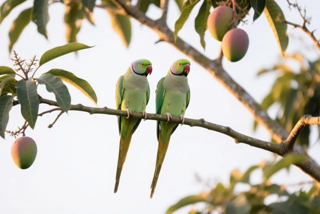 Twee halsbandparkieten zitten naast elkaar op een tak van een mangoboom, tussen groene bladeren en onrijpe mango’s in zacht schemerlicht.