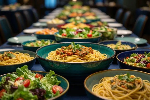 Op een lange tafel staan meerdere kommen pasta en salades in warm licht, met blauwgroene en blauwe tinten in de omgeving.