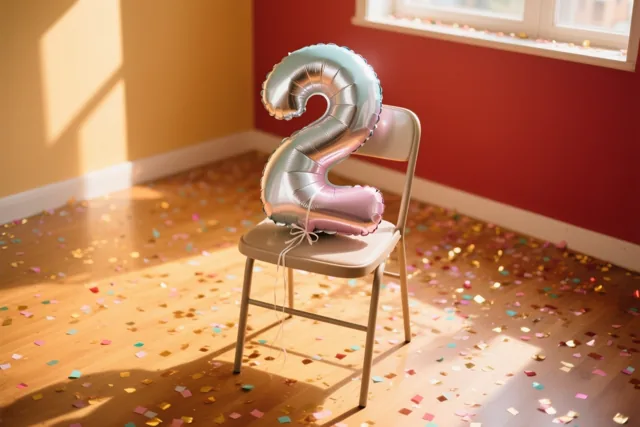 Een zilver- en pastelkleurige cijferballon 2 is vastgemaakt aan een stoel in een kamer met rode en gele muren, zonlicht door het raam en confetti op de houten vloer.