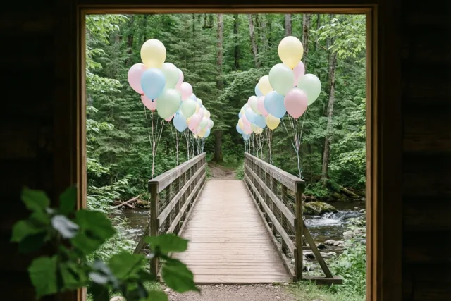 Door een houten raamkader is een houten voetbrug met slingers van pastelballonnen te zien, boven een zacht stromende beek in een weelderig groen bos.