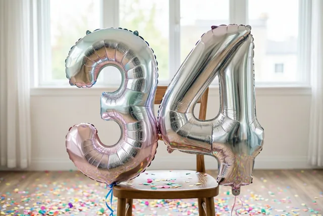 Grote zilveren en pastelkleurige ballonnen in de vorm van 3 en 4 hangen aan een houten stoel, met gekleurde confetti op de vloer en daglicht door een raam.