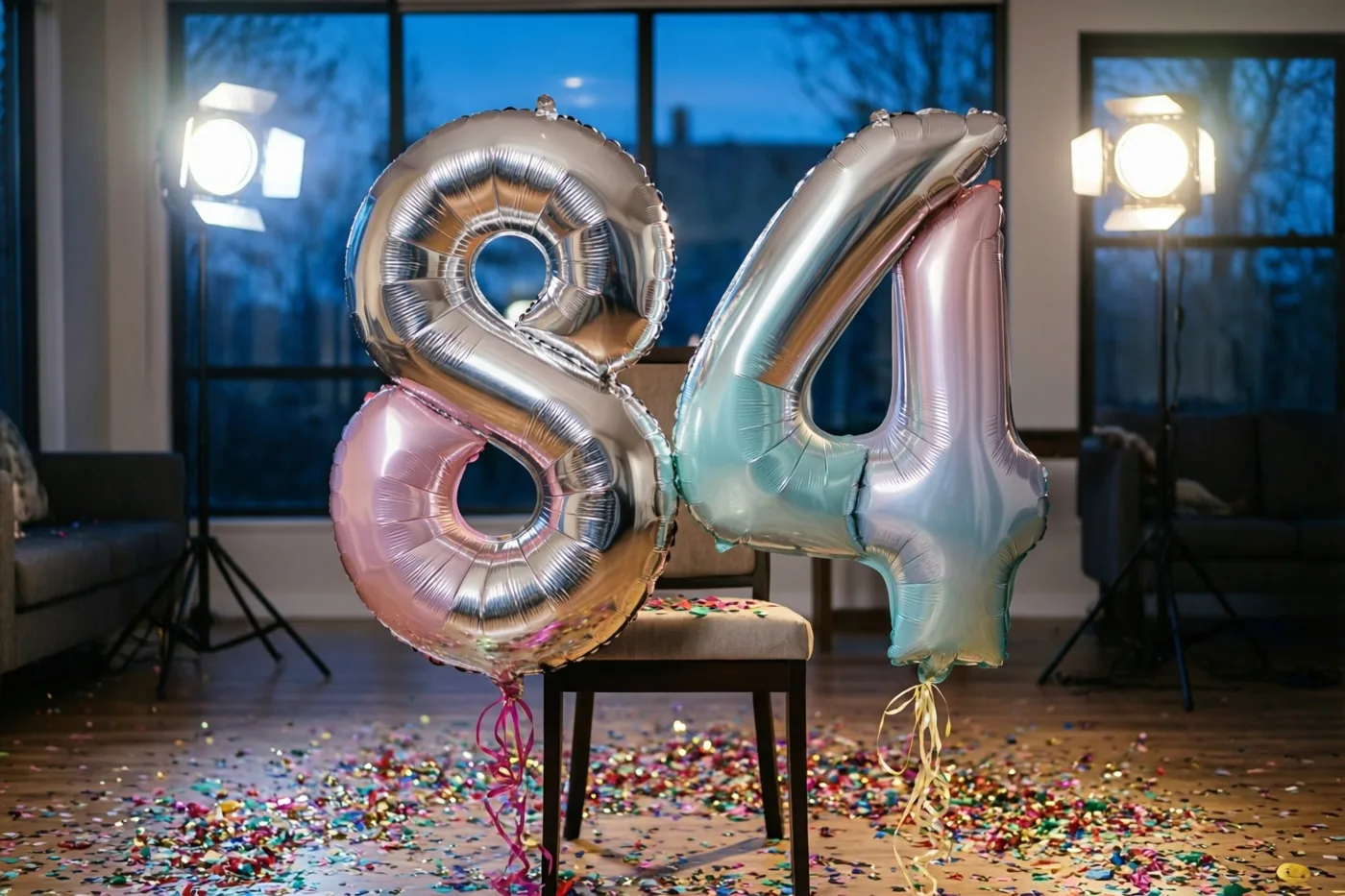 Folieballonnen in de vorm van 8 en 4 in zilver, pastelroze en pastelblauw zijn aan een stoel vastgemaakt, met confetti op de vloer en studiolampen achteraan.