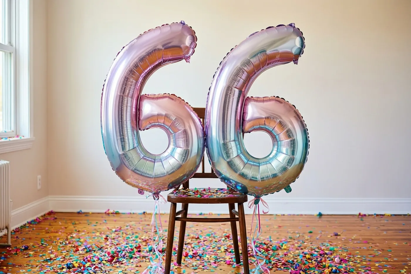 Twee grote glanzende cijferballonnen in zilver en pasteltinten vormen 66 aan een houten stoel, met gekleurde confetti op de vloer en daglicht uit een raam links.