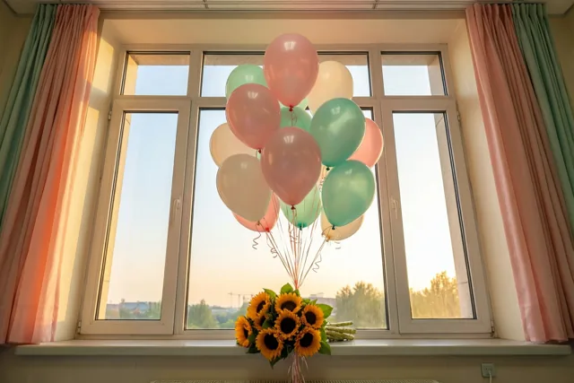 Een boeket zonnebloemen en een groep pastelkleurige ballonnen staan op de vensterbank van een ziekenhuiskamer in warm goudkleurig licht.