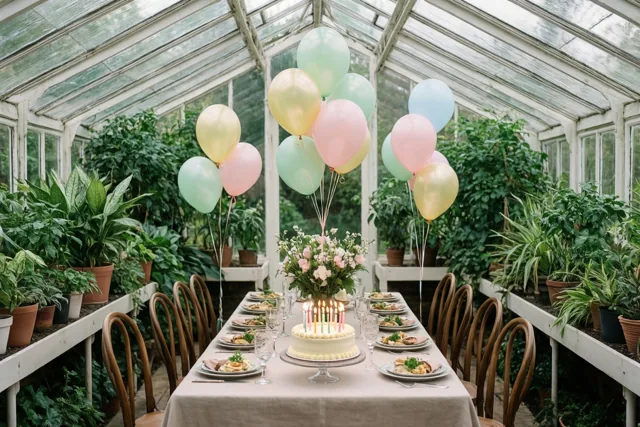 Een lange lunchtafel met een taart met brandende kaarsjes en pastelballonnen staat in een veranda met weelderige groene planten en zacht daglicht.