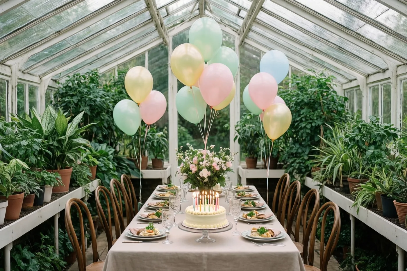 Een lange lunchtafel met een taart met brandende kaarsjes en pastelballonnen staat in een veranda met weelderige groene planten en zacht daglicht.
