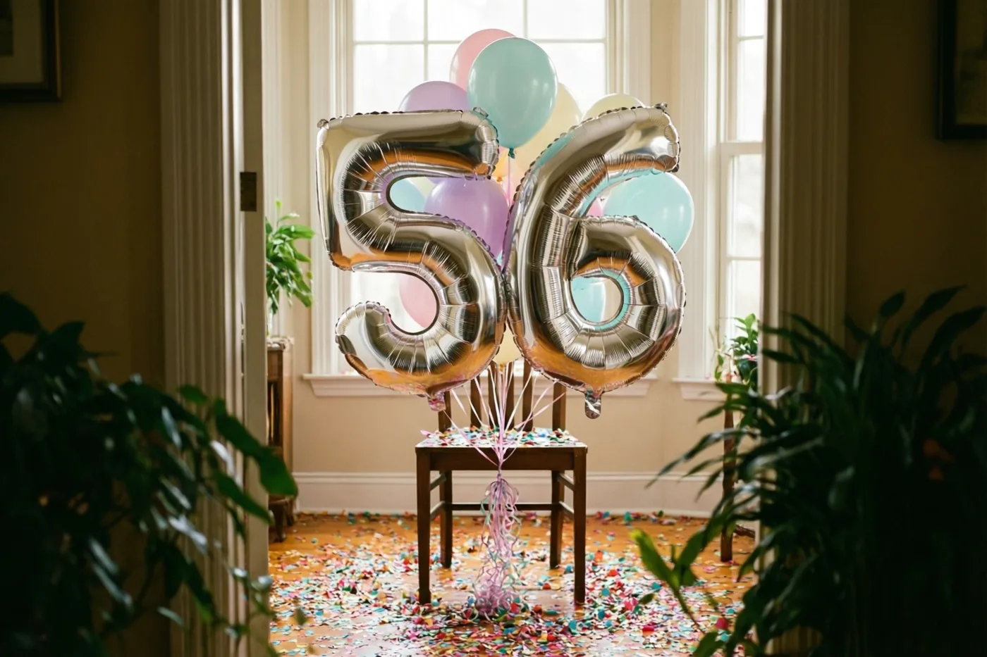 Zilveren en pastelkleurige cijferballonnen vormen 56 aan een houten stoel in een lichte kamer met confetti op de vloer en groene planten op de voorgrond.