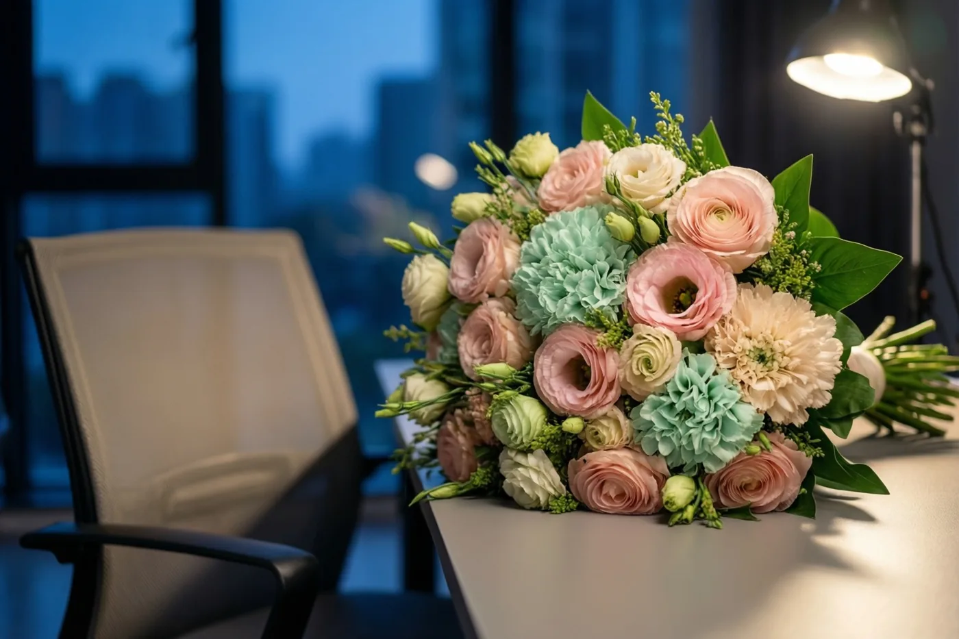 Een boeket in pastelroze, mintgroen en crème staat op een licht bureau, met links een lege bureaustoel en een onscherp stadszicht door het raam.