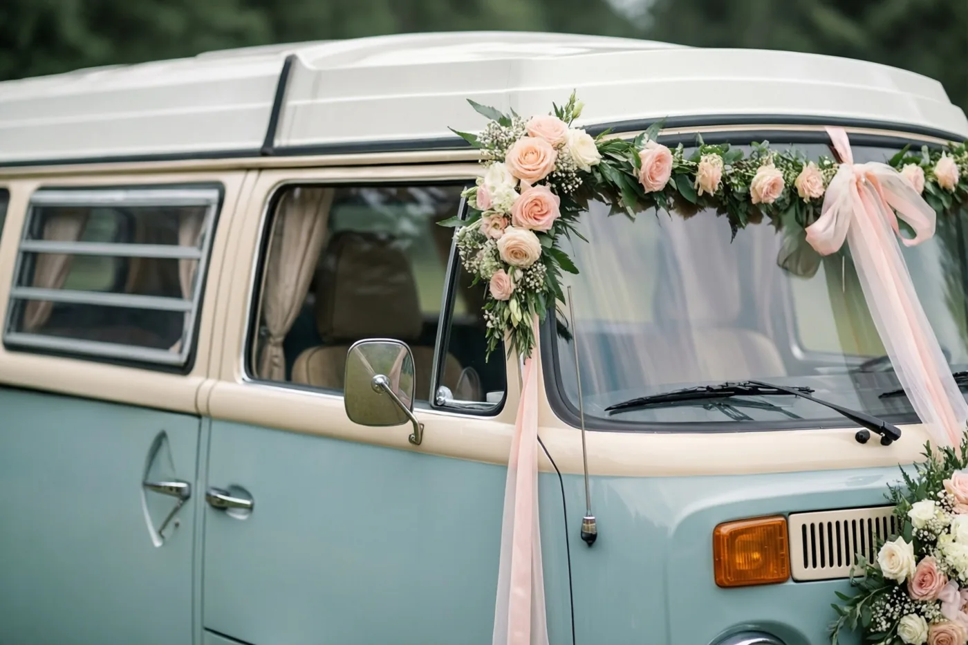 Een lichtblauwe en crèmekleurige kampeerbus uit de jaren zeventig heeft een bloemenslinger en roze linten over de voorruit, tegen een onscherpe groene achtergrond.