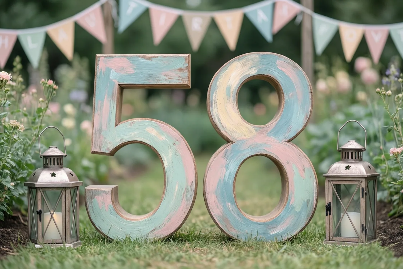 Grote houten cijfers 58 in pastelblauw en roze staan op gras tussen twee metalen lantaarns met kaarsen, met vlaggetjes boven een wazige tuin.
