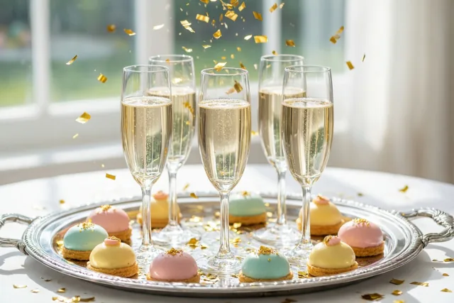 Een zilveren dienblad draagt champagneglazen en kleine pastelgebakjes terwijl gouden confetti naar beneden dwarrelt.