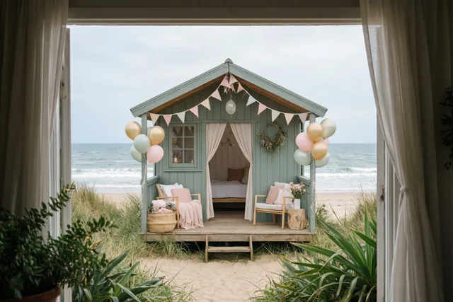 Verjaardagsgroetjes van het pastelgroene strandhuisje