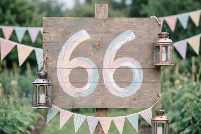 Een landelijk houten bord met het getal 66 in pastelkleuren staat in een groene tuin, versierd met vlaggetjes en hangende lantaarns.