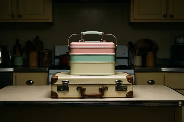 Een blikken brooddoos met roze, mintgroene en crèmekleurige lagen staat op een crèmekleurige aktetas met bruine leren afwerking op een aanrecht in een schemerige retrokeuken.