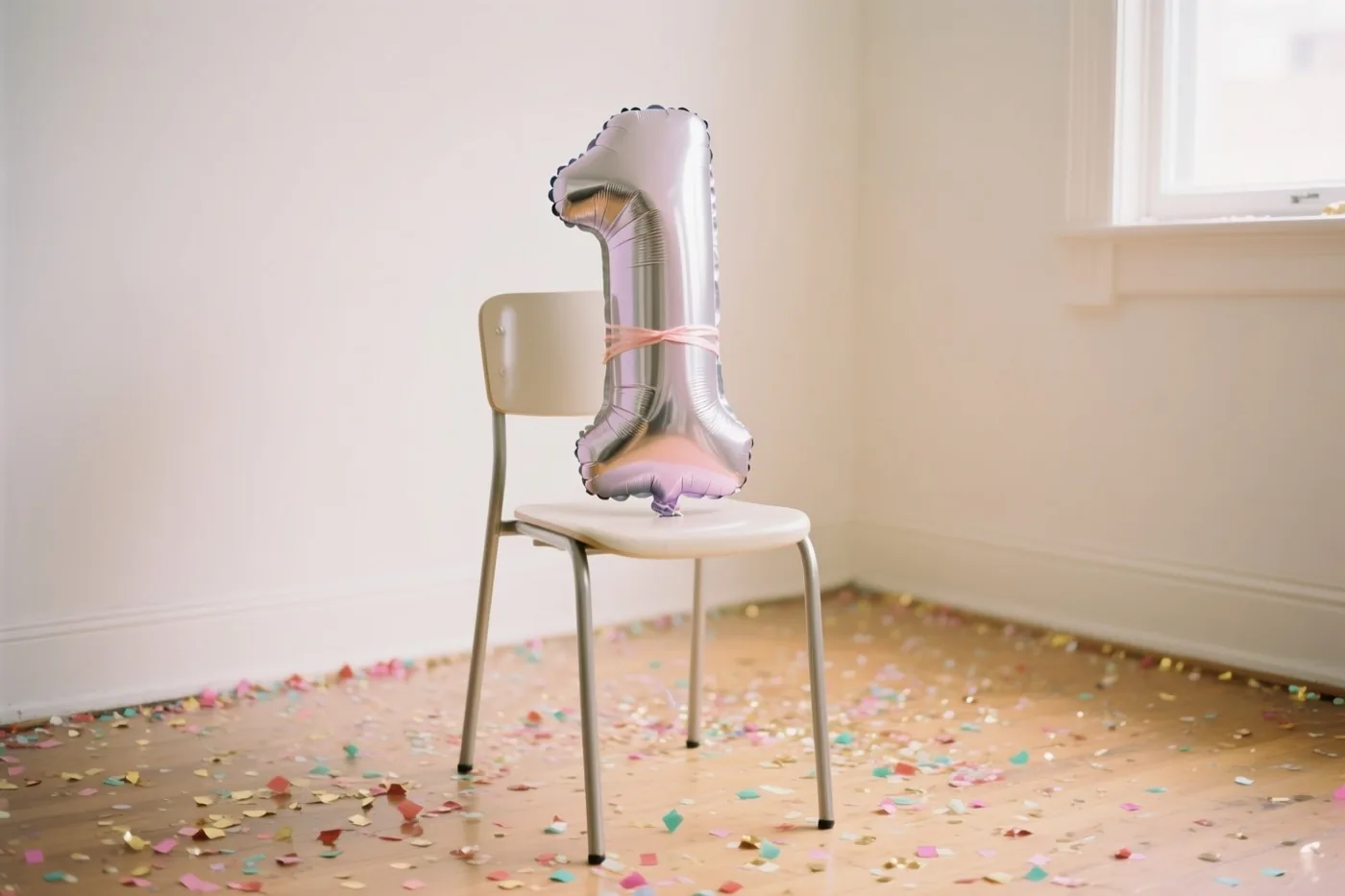 Een zilver- en pastelkleurige cijferballon 1 is vastgemaakt aan een stoel in een lichte, verder lege kamer met confetti op de houten vloer.