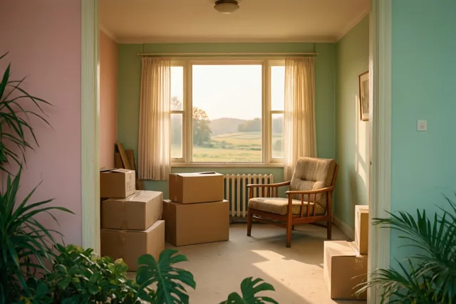 Door een deuropening is een vrijwel lege kamer te zien met verhuisdozen, een houten fauteuil en pastelroze, groene en blauwgroene muren, in zonlicht van een groot raam met zicht op een veld.