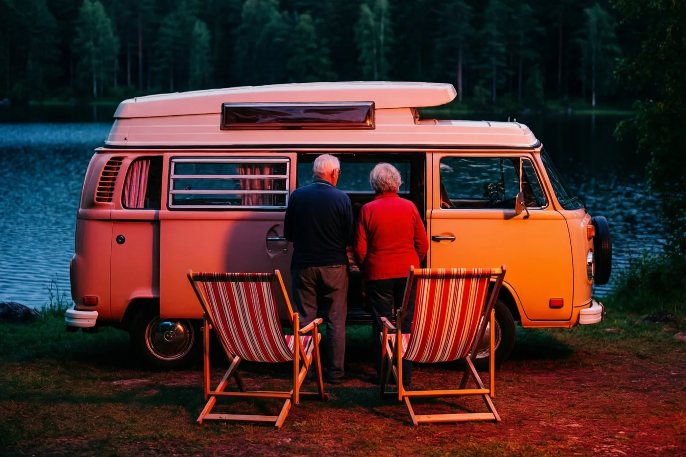 Een ouder koppel staat naast een pastelkleurige vintage kampeerbus aan een meer, met twee gestreepte ligstoelen voor hen in warm, goudkleurig licht.