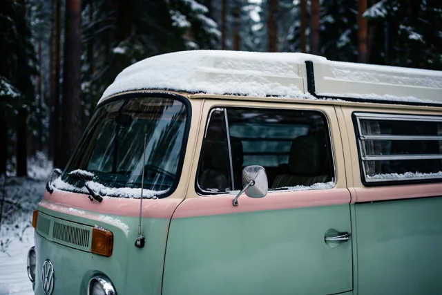 Een kampeerbus uit de jaren zestig in pastelgroene, roze en crèmekleurige tinten staat met sneeuw op het dak op een besneeuwde open plek in het bos.