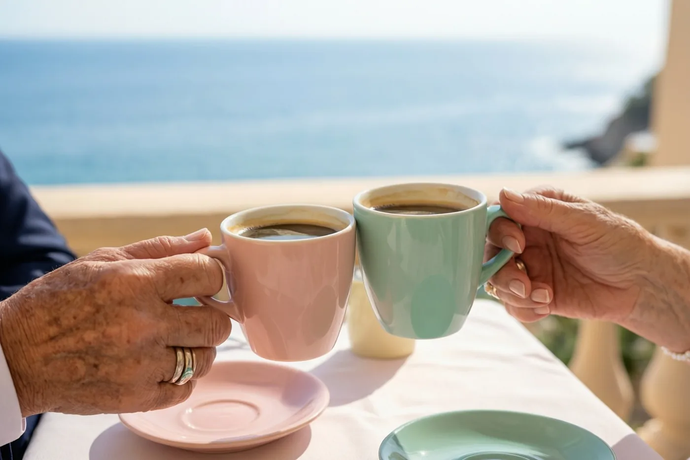 Twee oudere handen met elk een trouwring klinken met koffiekopjes op een terras aan zee, met pastelroze en mintgroene kopjes en schoteltjes in helder daglicht.