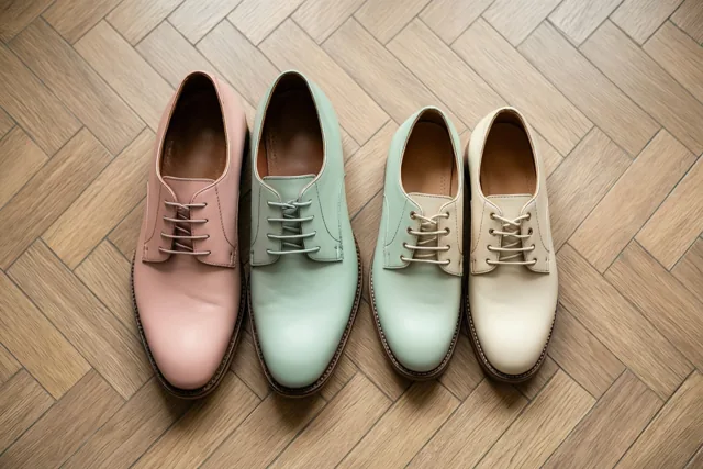 Twee paar gepoetste leren schoenen in zachtroze, mintgroene en crèmekleurige tinten staan op een houten visgraatvloer.
