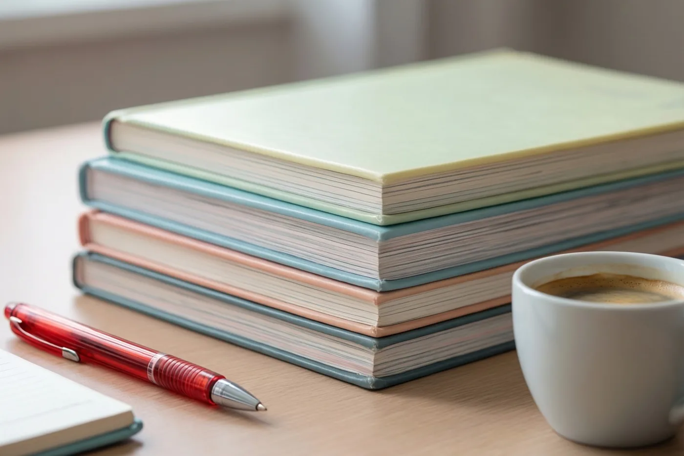 Op een houten bureau ligt een stapel pastelkleurige schriften naast een rode pen en een witte koffiekop in zacht licht.