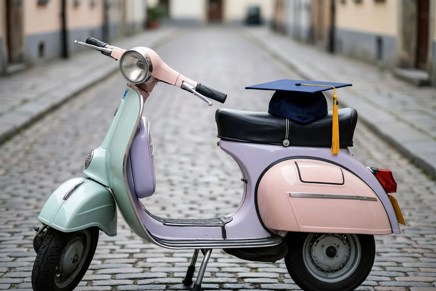 Een retro-scooter in mintgroen, lila en roze staat op kasseien, met een blauwe afstudeerhoed met gele kwast op de zwarte zitting en een onscherpe stadsachtergrond.