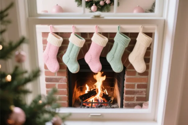 Vijf gebreide kerstsokken in pasteltinten hangen boven een brandend vuur aan een bakstenen haard, omlijst door een witte rand die op een raam lijkt en feestversiering aan de bovenkant en zijkant.