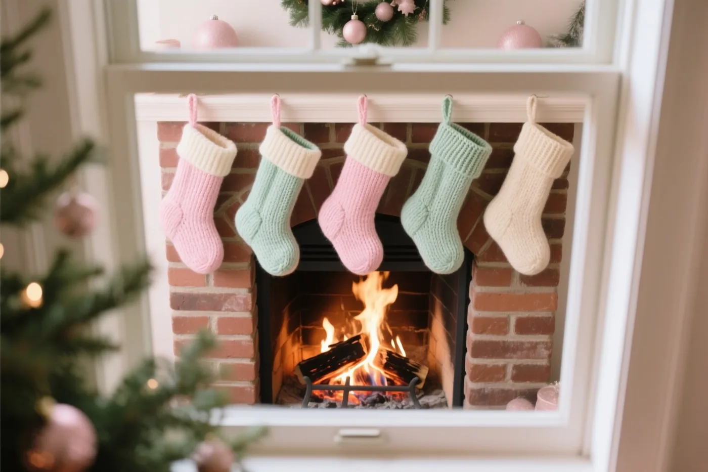 Vijf gebreide kerstsokken in pasteltinten hangen boven een brandend vuur aan een bakstenen haard, omlijst door een witte rand die op een raam lijkt en feestversiering aan de bovenkant en zijkant.