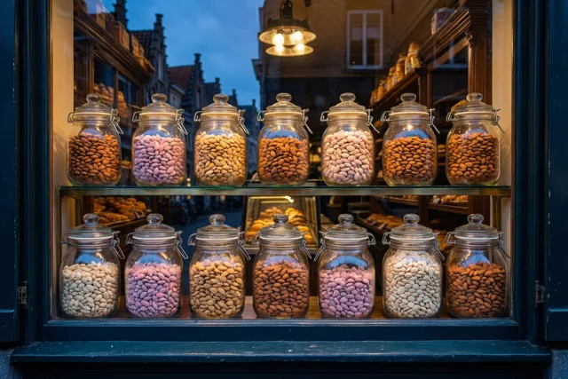Glazen potten met pastelkleurige suikeramandelen staan in het raam van een oude bakkerij, verlicht door warm binnenlicht tegen een donkerblauwe avondlucht.