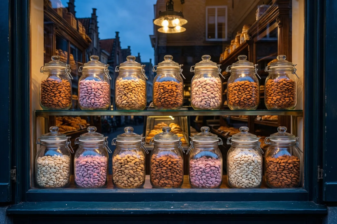 Glazen potten met pastelkleurige suikeramandelen staan in het raam van een oude bakkerij, verlicht door warm binnenlicht tegen een donkerblauwe avondlucht.