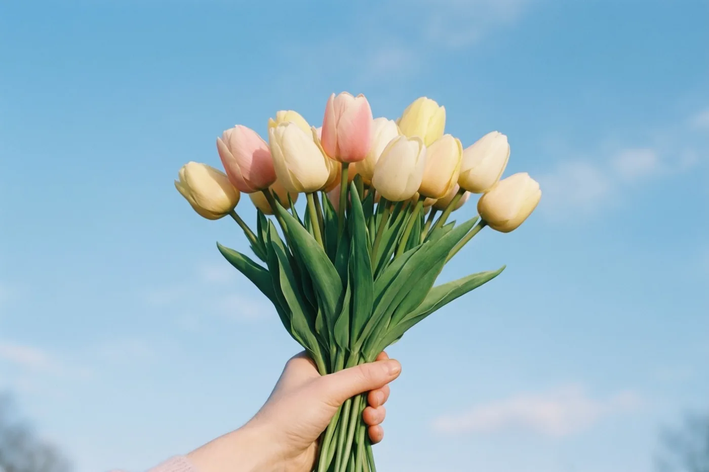 Een hand houdt een boeket pastelroze en gele tulpen omhoog tegen een helderblauwe lucht.