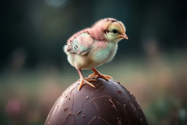 Een klein donzig kuiken met roze en lichtgroene veren staat op een groot gebarsten chocolade-ei, tegen een zacht onscherpe achtergrond in groen- en bruintinten.