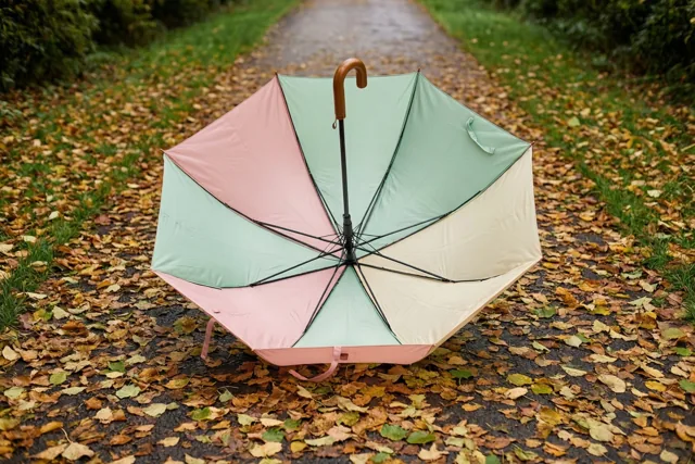Een open paraplu met roze, mintgroene en crèmekleurige vlakken ligt ondersteboven op een nat pad vol herfstbladeren, met gras en bomen op de achtergrond.