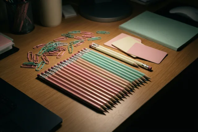 Pastelkleurige potloden, paperclips en plakbriefjes liggen netjes gerangschikt op een houten bureau, van bovenaf gezien bij zacht warm licht.