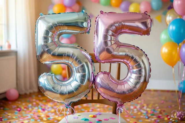Zilveren en pastelroze folieballonnen vormen 55 aan een stoel in een helder verlichte kamer, met kleurrijke confetti op de houten vloer.