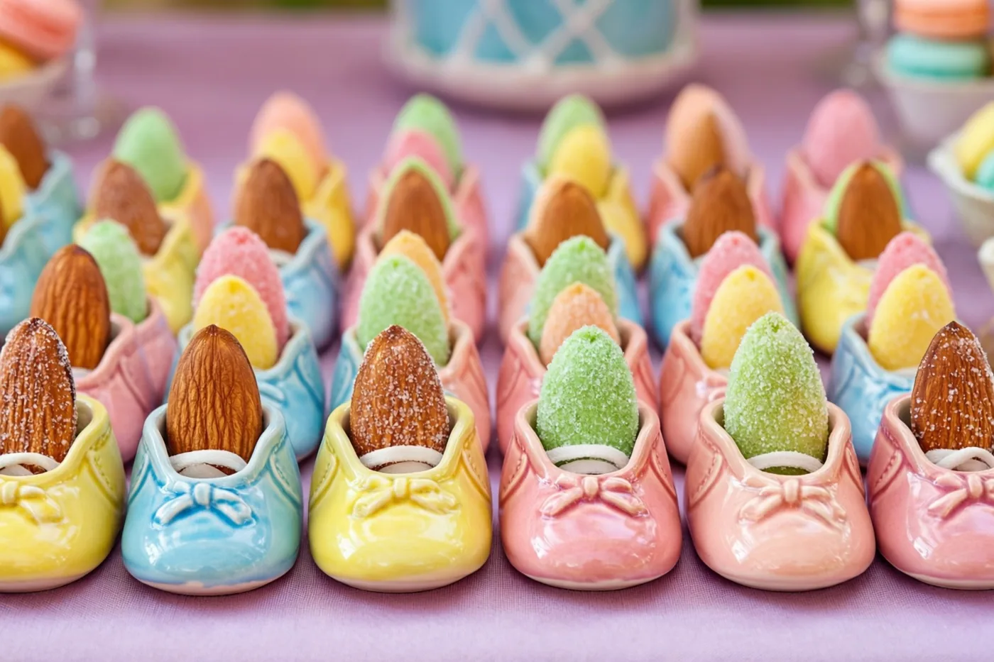 Rijen keramieken babyschoentjes in pastelkleuren, elk met één suikerboon, staan netjes geschikt op een paars tafelkleed.