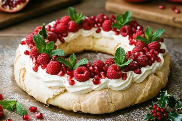 Een pavlovakrans met slagroom, frambozen, granaatappelpitjes en munt ligt op een houten oppervlak met poedersuiker, naast hulsttakjes en losse granaatappelpitjes.
