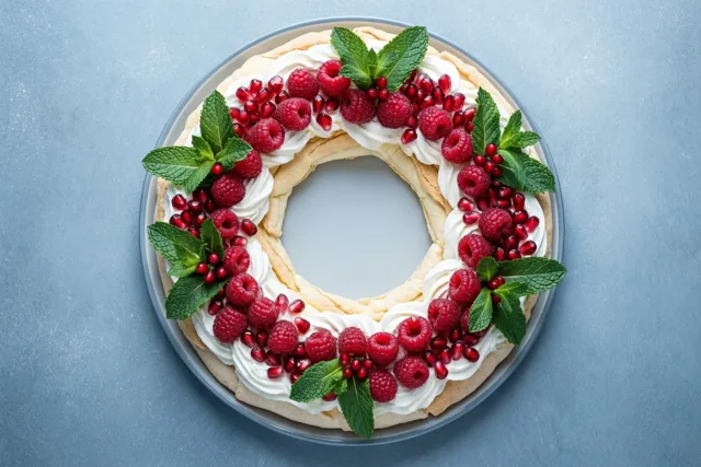 Een pavlovakrans met slagroom, frambozen, granaatappelpitjes en munt ligt op een grijs bord voor een blauwgrijze achtergrond.