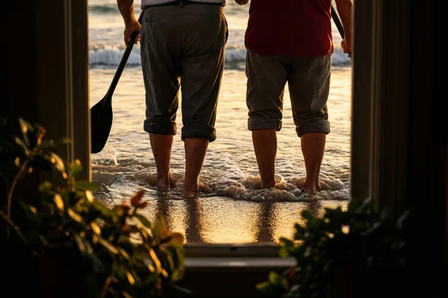 Door een deur- of raamkozijn zijn twee oudere mensen te zien die met opgerolde broekspijpen en peddels naast elkaar in ondiep zeewater staan, met goudkleurige weerspiegelingen van de ondergaande zon.