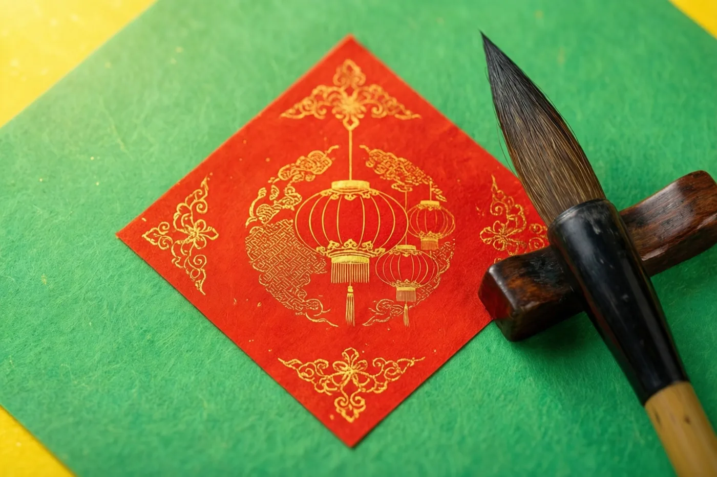 Een Chinees kalligrafiepenseel ligt naast een rood ruitvormig vel papier met gouden lantaarnpatronen op een groene ondergrond met structuur, tegen een gele achtergrond.